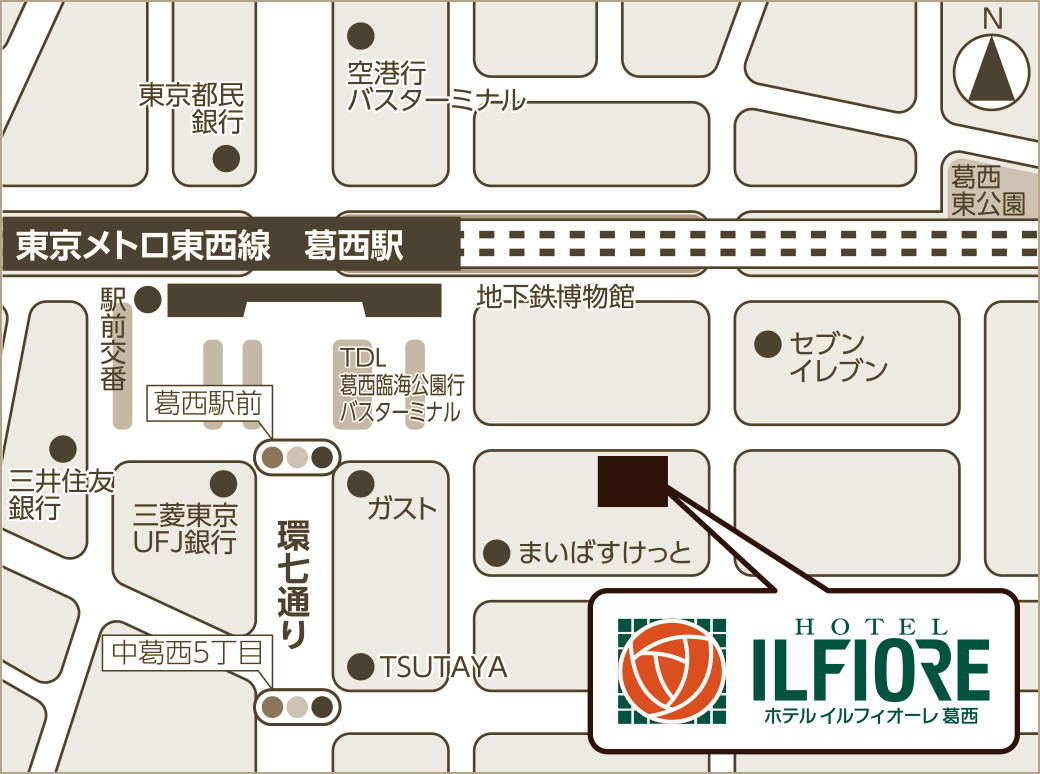 アクセス 周辺環境 公式 ホテルイルフィオーレ葛西 東京駅より約25分 東京メトロ東西線 葛西駅より徒歩3分 東京ディズニーリゾートまで約25分